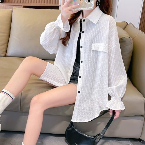 Real shot of summer loose POLO collar versatile thin solid color cardigan sun protection jacket long-sleeved mid-length shirt for women