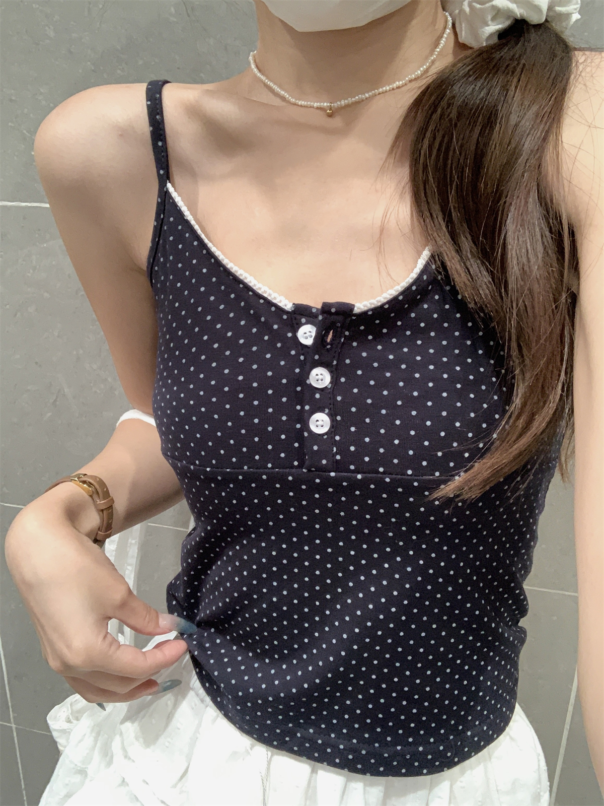 實拍 夏季韓版bm紐扣波點設計感修身純棉吊帶背心T恤上衣