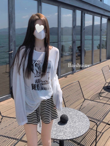 Spot mask T-shirt sun protection long-sleeved printed shirt summer women's loose slimming light slightly revealing shoulder top trendy