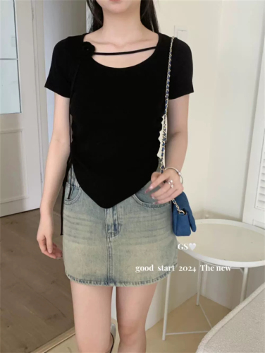 Rose flower ribbon drawstring pleated short-sleeved T-shirt for women 2024 summer slimming and stylish waist knitted top