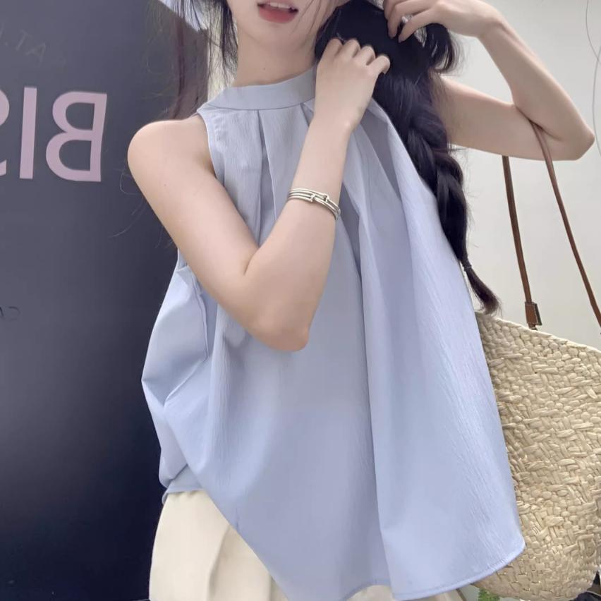 溫柔氣質法式掛脖無袖背心女寬鬆夏韓版設計感別致褶皺藍色上衣潮