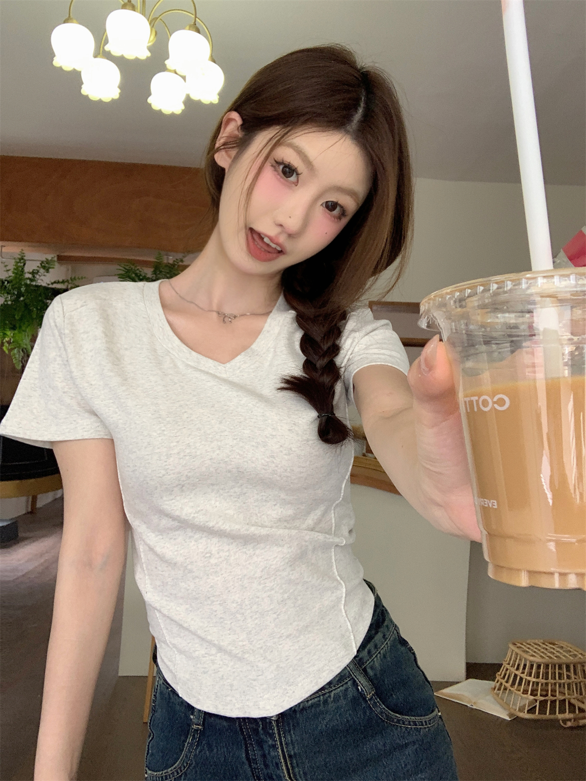 實拍 夏季韓版v領修身魚骨顯瘦設計純棉百搭短袖T恤上衣
