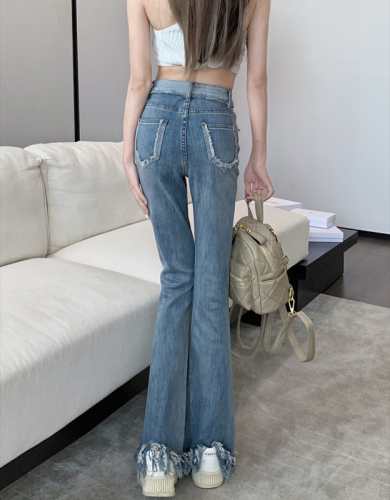 Blue fringed bootcut jeans for women, spring and autumn new style, high-waisted, slim-fitting, stretchy, wide-leg pants