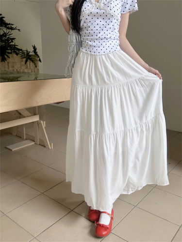 Real shot of polka-dot short-sleeved shoulder T-shirt for women summer high-waisted A-line skirt two-piece set