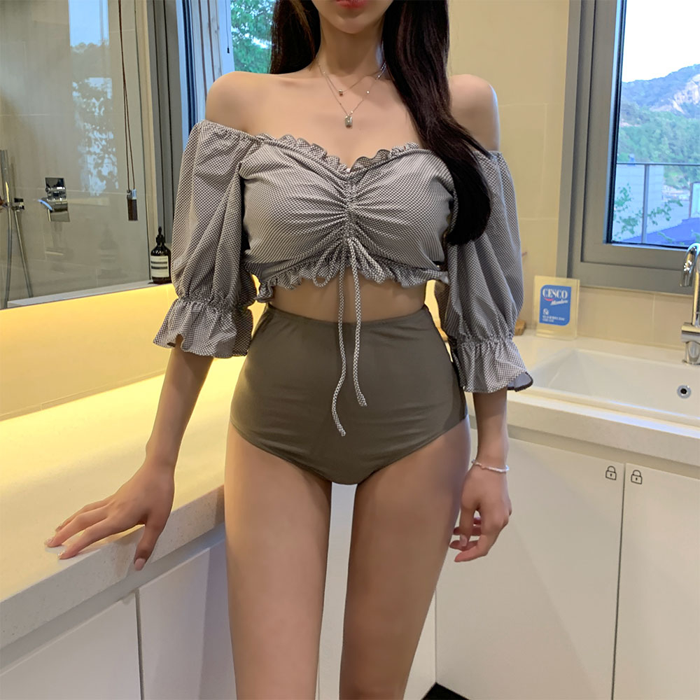 法式甜美一字肩泳衣女韓國高腰遮肚顯瘦平角分體小胸溫泉泳裝度假