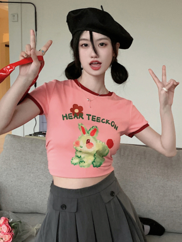 Real shot Korean version of retro sweet contrasting color age-reducing bunny print versatile short-sleeved T-shirt top