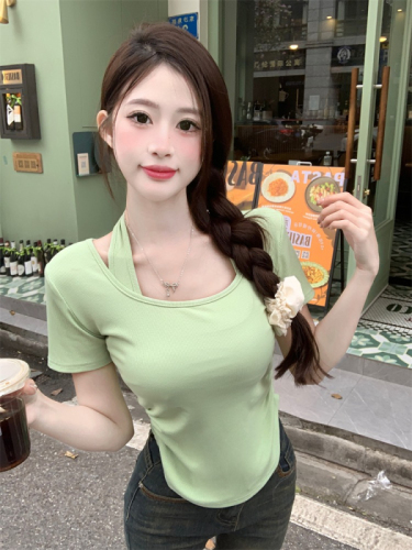 Official photo Pure lust style fake two-piece right shoulder T-shirt feminine hot girl short halterneck solid color round neck slimming top