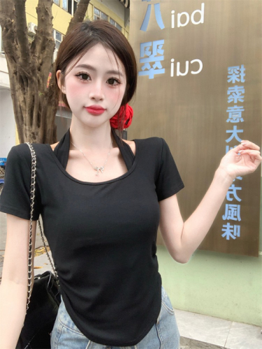 Official photo Pure lust style fake two-piece right shoulder T-shirt feminine hot girl short halterneck solid color round neck slimming top