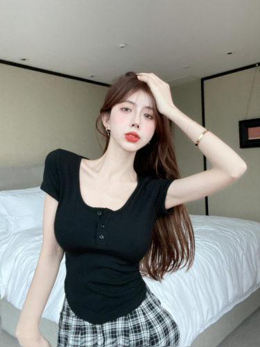 White Pure Desire U Neck T-shirt Summer Solid Color Hot Girl Short Sleeve Slimming Short Collarbone Hot Girl Slim Fit Top Women