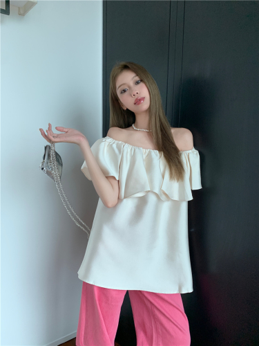 Actual shot of new summer party date style temperament ruffled off-shoulder one-neck top for women