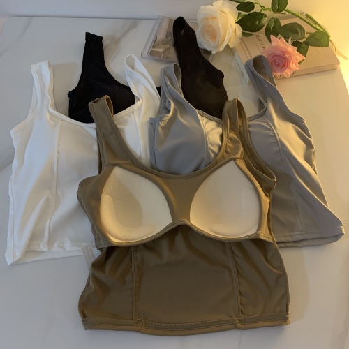 Real shot of comfortable ice silk vest solid color inner with chest pad suspender underwear short bottoming top