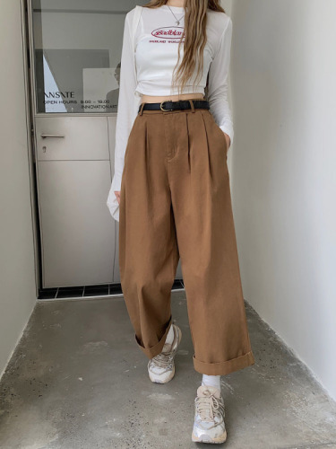 Actual shot ~ 2024 new Korean style design washed cotton wide-leg pants casual pants straight pants for women with belt