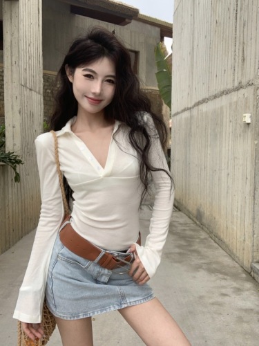 Real shot Korean style solid color lapel bottoming shirt long sleeve sun protection T-shirt top
