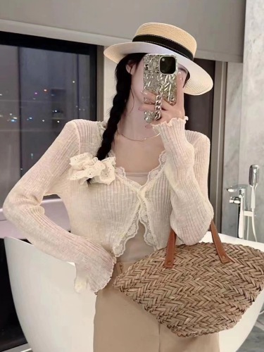 V-neck fungus edge ice silk knitted sunscreen cardigan for women summer thin outer matching skirt top shawl air-conditioning shirt