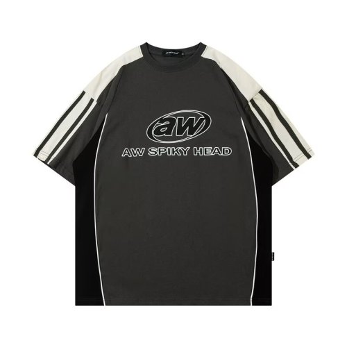 美式潮牌复古暗黑小众设计感运动撞色解构拼接条杠赛车风短袖T恤