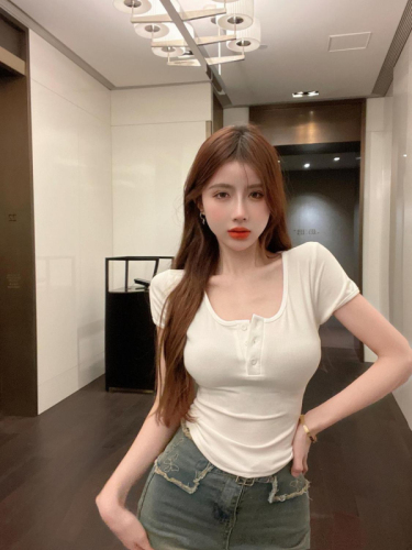 White Pure Desire U Neck T-shirt Summer Solid Color Hot Girl Short Sleeve Slimming Short Collarbone Hot Girl Slim Fit Top Women