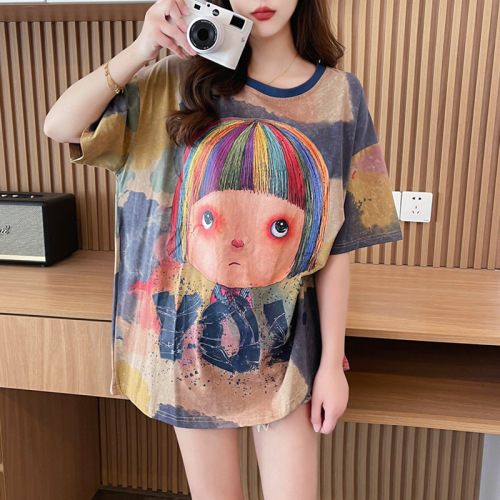 Actual shot of pure cotton 200 grams, back collar, mid-length tie-dyed round neck short-sleeved T-shirt for women, designer summer top