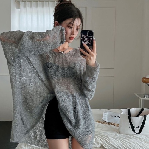 Knitted sweater sun protection blouse women's summer loose lazy style drape hollow thin sweater high-end top