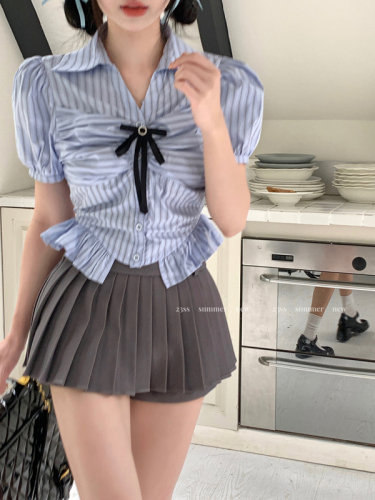 Real shot striped short-sleeved college style bow shirt