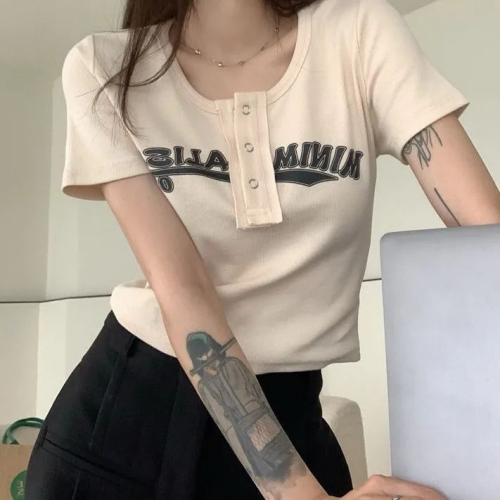 Women's T-shirt Women's Design Niche Summer Letter Print Hot Girl American Right Shoulder Versatile Slim Short Top