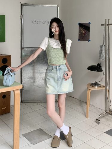 Actual shot of 2024 spring and summer new heavy industry color glitter hot diamond high waist slimming A-line denim skirt