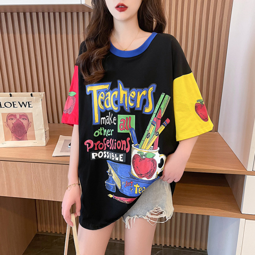 Actual shot of pure cotton 200g back collar mid-length contrasting color round neck short-sleeved T-shirt women's loose large size summer top