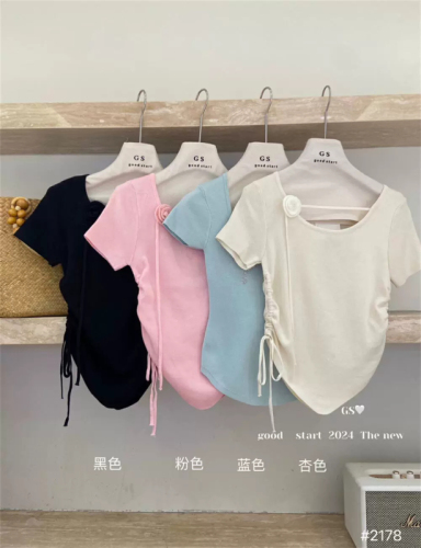 Rose flower ribbon drawstring pleated short-sleeved T-shirt for women 2024 summer slimming and stylish waist knitted top