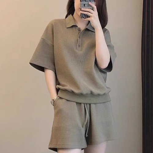 Waffle suit summer new solid color temperament goddess model Internet celebrity age reduction street POLO collar shirt two-piece set for women