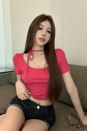 Actual shot ~ Square collar whitening stretchy rose red halter neck waist slimming top comes with ribbon