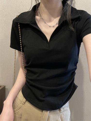 Real shot lapel short-sleeved T-shirt for women summer Korean version slim fit irregular polo collar bottoming shirt for women