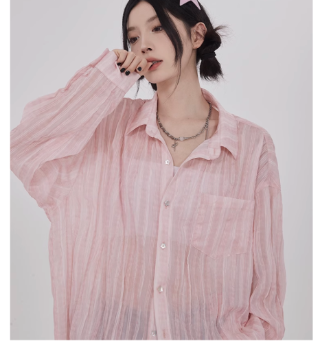 Noisy Home Sun Protection Shirt Women's Spring and Autumn Lightweight Drapey Lazy Long Sleeve Striped Air Conditioning Cardigan Jacket Top