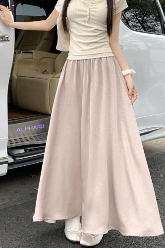Actual shot ~ 2024 spring and summer new satin skirt for women, French elastic long skirt that covers the crotch and swings wide