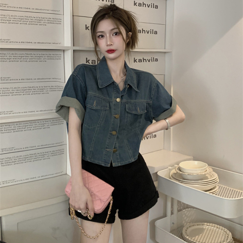 Summer new style large size fat mm retro Hong Kong style short-sleeved shirt denim loose short top S-5XL 200 pounds