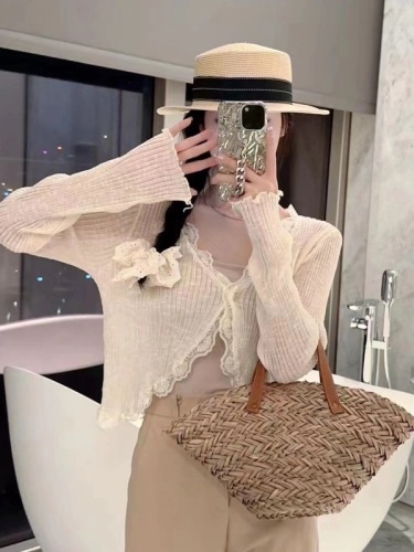 V-neck fungus edge ice silk knitted sunscreen cardigan for women summer thin outer matching skirt top shawl air-conditioning shirt