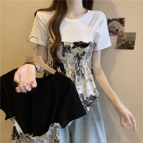 Original workmanship new summer style 2024 plus size women's French casual irregular shoulder short-sleeved versatile T-shirt