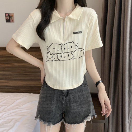 Large size polo shirt slightly fat shoulder t-shirt for women with summer fat mm design short belly-covering slimming top