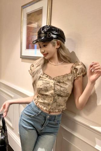 Real shot French chic puff sleeve one-shoulder top for women summer high-end short-sleeved shirt