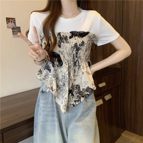 Original workmanship new summer style 2024 plus size women's French casual irregular shoulder short-sleeved versatile T-shirt