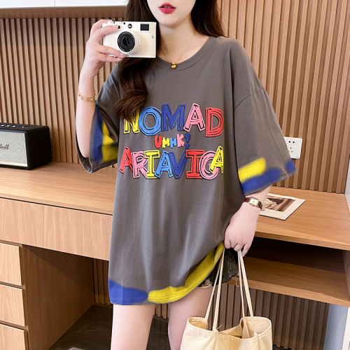 Actual shot of pure cotton 200g back collar mid-length round neck loose short-sleeved T-shirt for women contrasting color large size summer top