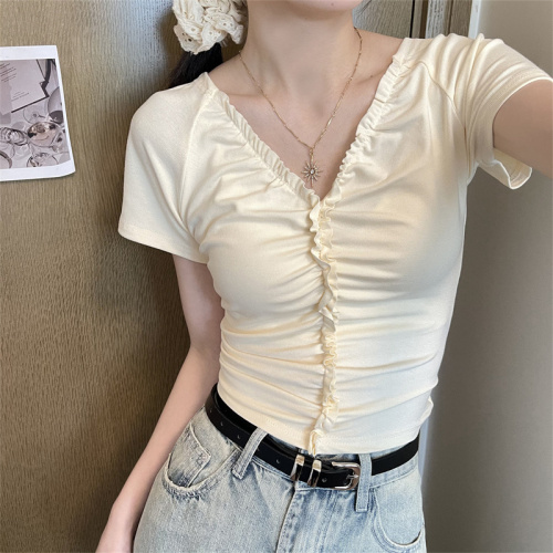 Real shot of pleated figure-showing top V-neck pullover slightly see-through elastic hot girl pure desire short-sleeved T-shirt for women