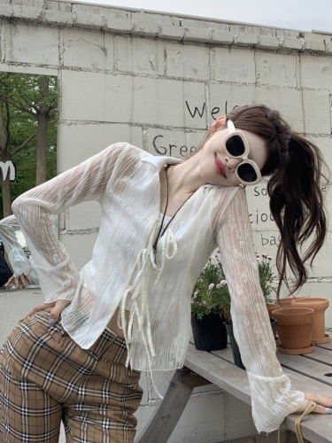 Real shot of hot girl style slightly see-through hollow knitted cardigan with bell sleeves and sun protection short shirt top