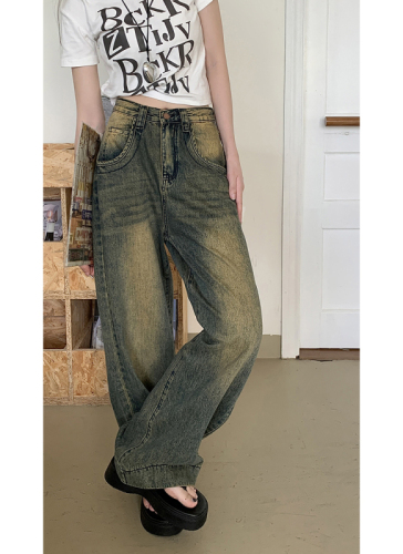 Real shot of nostalgic retro washed yellow mud jeans for women high-waisted slim straight-leg loose wide-leg floor-length pants