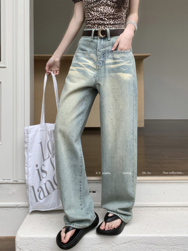 Actual shot of 2024 spring and summer hot diamond heavy crafts washed retro distressed wide-leg jeans floor-length trousers