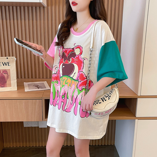 Actual shot of pure cotton 200g back collar mid-length contrasting color round neck short-sleeved T-shirt women's loose large size summer top