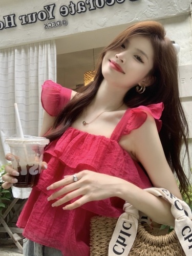 Real shot French rose red shirt for women summer square collar chiffon babydoll top with flying sleeves and chic short top