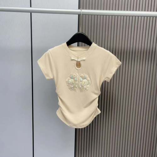 2024 summer new style new Chinese style design short embroidered buckle chic versatile slim T-shirt tops for women