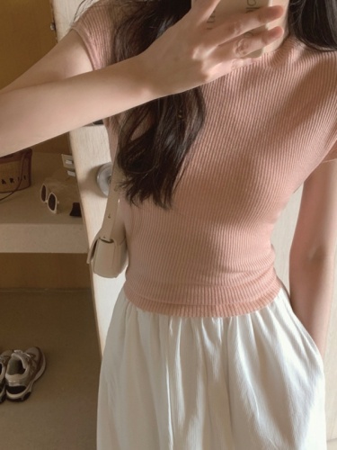 冰丝针织短袖T恤女夏款设计感套头气质紧身修身收腰短款温柔上衣