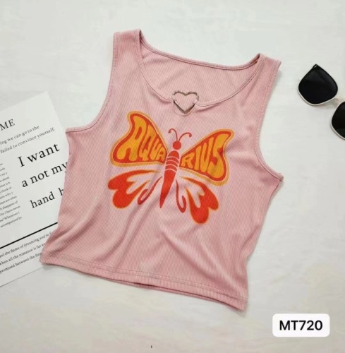 2024 new summer design sweet and cool hot girl metal love buckle butterfly print knitted all-match slimming vest