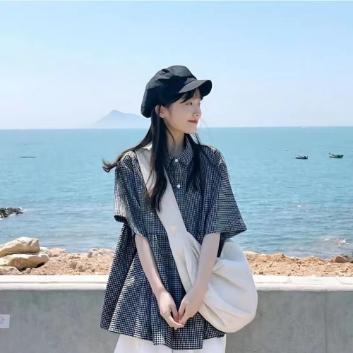 日系复古格子短袖衬衫女夏季设计感小众衬衣韩版宽松娃娃衫上衣