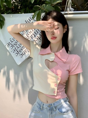 甜辣妹镂空短袖T恤女夏季短款polo领别致修身显瘦设计感小众上衣